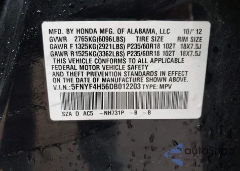 2013 Honda Pilot Ex-L from USA, damaged, VIN 5FNYF4H56DB012203